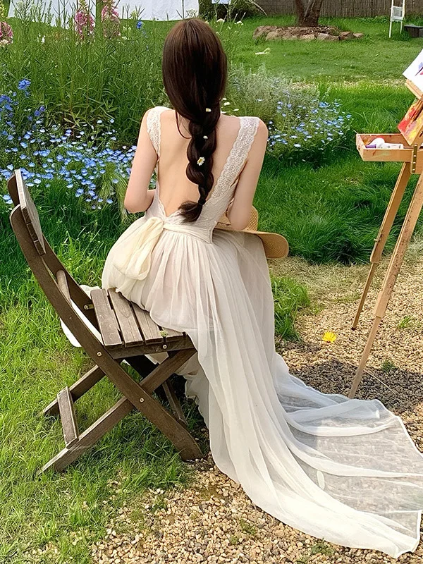 Lace Splice Backless Strap Dress Women's Summer Slimming Maxi Skirt Gentle Holiday Style A-Line Long Dress
Lace Splice Backless Strap Dress Women's Summer Slimming Maxi Skirt Gentle Holiday Style A-Line Long Dress