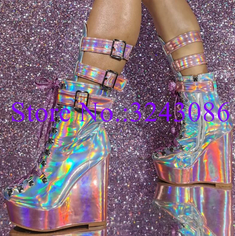 New Design Shinning Pink Wedge Ankle Boots Lady Fashion Buckle Strap Lace-up Wedge Shoes Woman Sexy Platform Short Boots
New Design Shinning Pink Wedge Ankle Boots Lady Fashion Buckle Strap Lace-up Wedge Shoes Woman Sexy Platform Short Boots