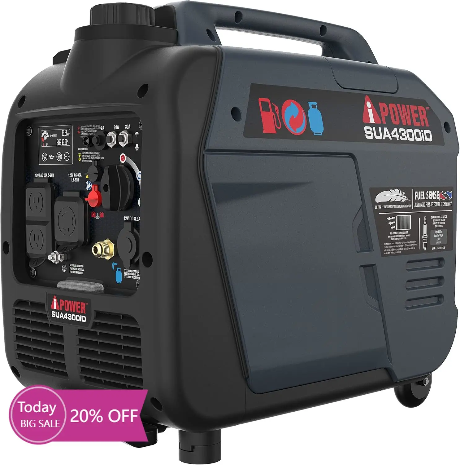 BestsellerPortable Inverter Generator Dual Fuel, 4300W RV Ready, EPA & CARB Compliant CO Sensor, Light Weight With Telescopic
BestsellerPortable Inverter Generator Dual Fuel, 4300W RV Ready, EPA & CARB Compliant CO Sensor, Light Weight With Telescopic