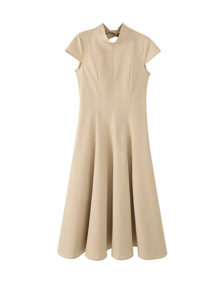 Women Short Sleeve Stand Collar Khaki Midi Dress Summer A-line Cotton Dresses
Women Short Sleeve Stand Collar Khaki Midi Dress Summer A-line Cotton Dresses
