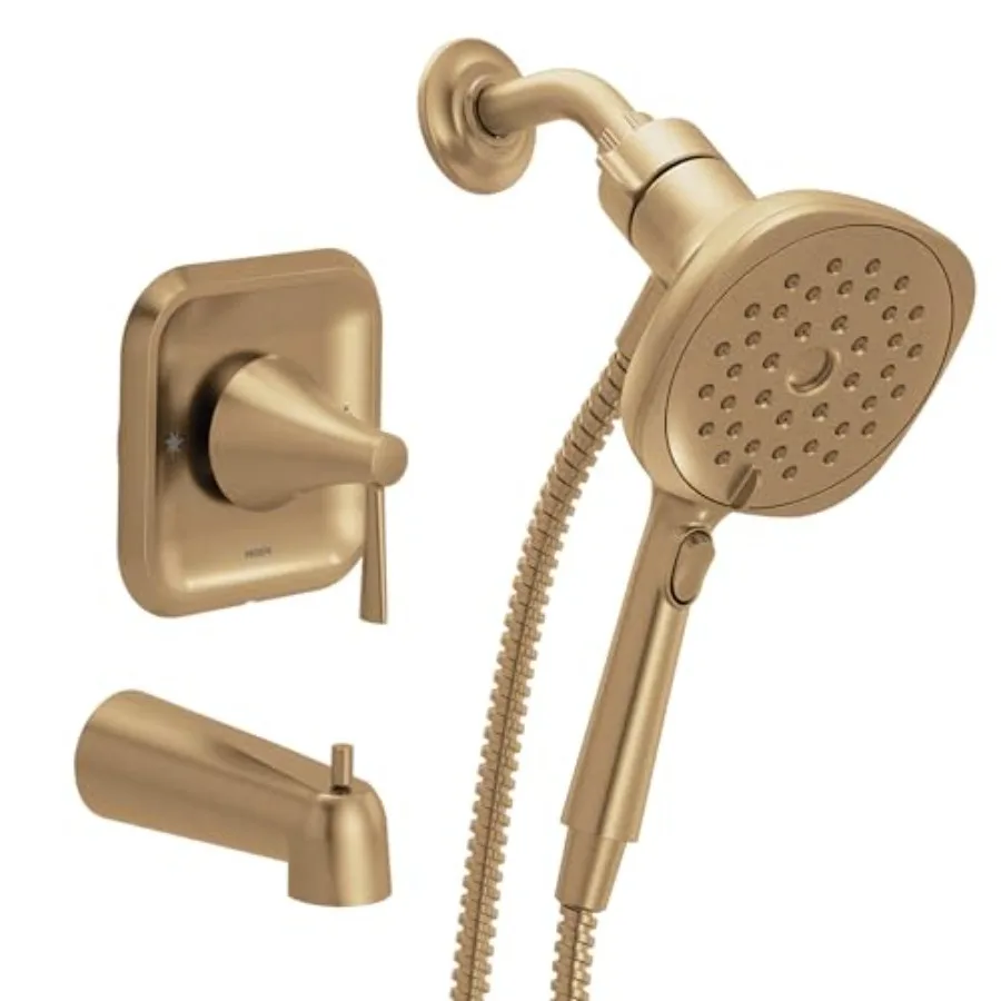 Modern tub and shower faucet for bathroom use, bronzed gold finish brass, sleek square handheld rain shower head with Magnetix
Modern tub and shower faucet for bathroom use, bronzed gold finish brass, sleek square handheld rain shower head with Magnetix