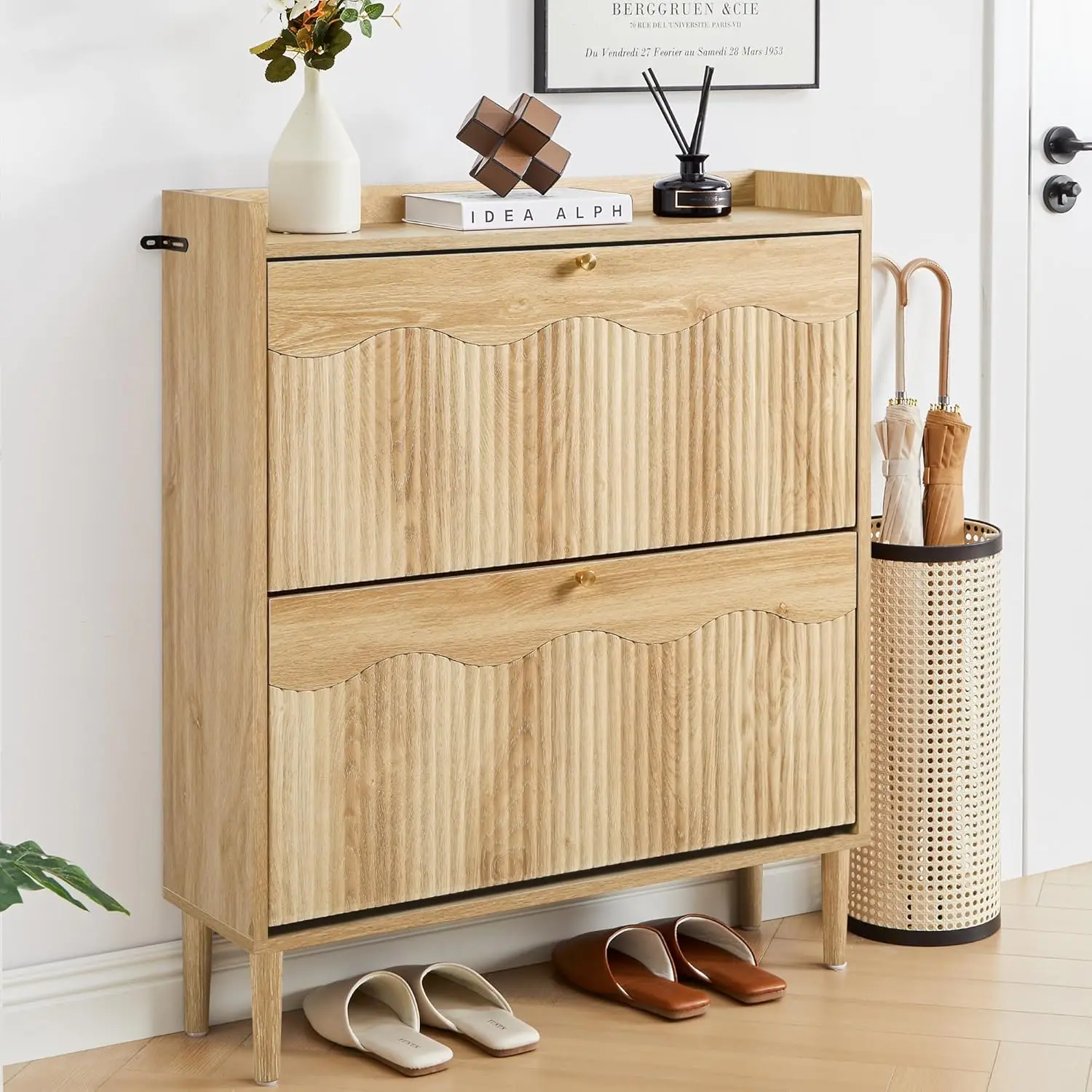31.5” Fluted Shoe Storage Cabinet for Entryway, 2 Flip Drawers Narrow Shoe Organizer Cabinet with Wave Profile for, Customized
31.5” Fluted Shoe Storage Cabinet for Entryway, 2 Flip Drawers Narrow Shoe Organizer Cabinet with Wave Profile for, Customized