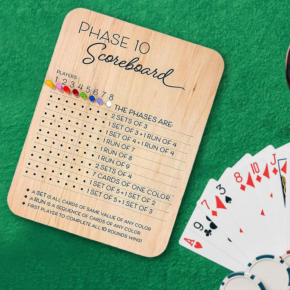 Деревянная табло Phase 10 с 8 цветными колышками Фаза 10 Score Sheet Настольная карточная игра для вечеринки Семейная игра Ночь
Деревянная табло Phase 10 с 8 цветными колышками Фаза 10 Score Sheet Настольная карточная игра для вечеринки Семейная игра Ночь