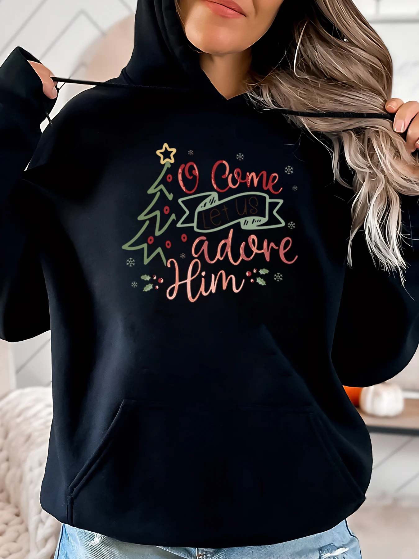 Christmas Tree O Come Let Us Adore Him Print Hoodie Christmas Women Casual Wear Black Plus-Size
Christmas Tree O Come Let Us Adore Him Print Hoodie Christmas Women Casual Wear Black Plus-Size