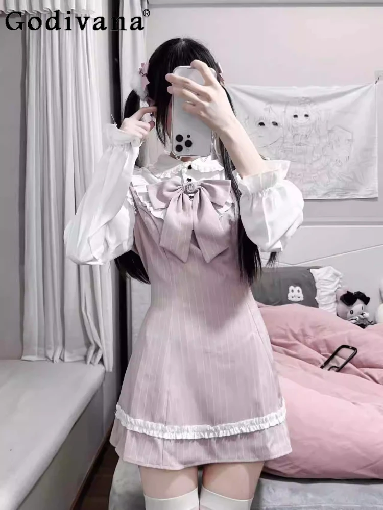 Japanese Mine Pink Dress for Women Spring and Summer New Sweet Girls Fake Two Pieces Cute Bow Striped Long Sleeve Casual Dress
Japanese Mine Pink Dress for Women Spring and Summer New Sweet Girls Fake Two Pieces Cute Bow Striped Long Sleeve Casual Dress