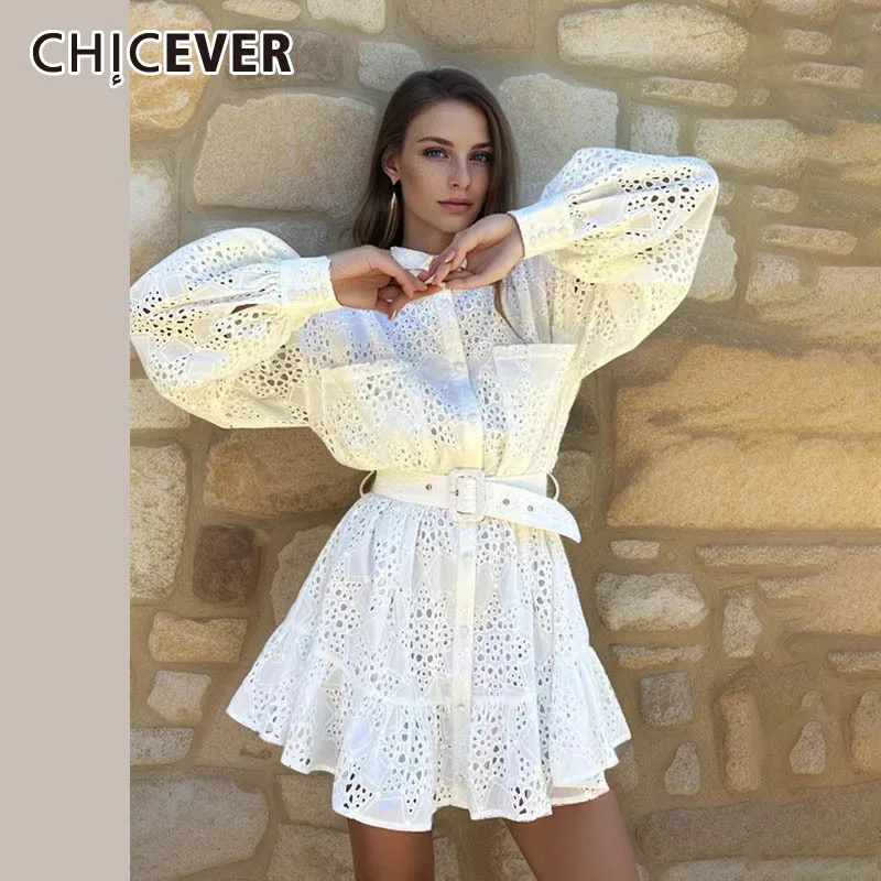 CHICEVER Hollow Out Solid Dresses For Women Lapel Long Sleeve Single Breasted High Waist Patchwork Belt Casual Mini Dress Female
CHICEVER Hollow Out Solid Dresses For Women Lapel Long Sleeve Single Breasted High Waist Patchwork Belt Casual Mini Dress Female
