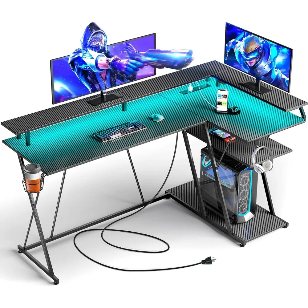 L Shaped Gaming Desk with LED Lights & Power Outlets, 55” Reversible Corner Desk,Gaming Table with Cup Holder, with Hooks, Black
L Shaped Gaming Desk with LED Lights & Power Outlets, 55” Reversible Corner Desk,Gaming Table with Cup Holder, with Hooks, Black