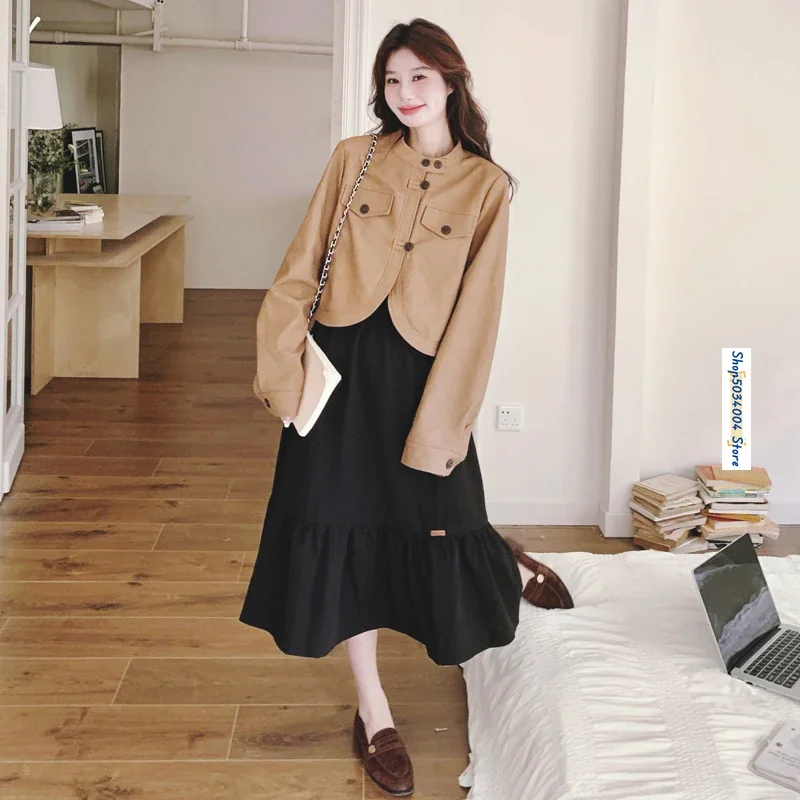 Maillard Short Faux Leather Jacket Coat Black Strap Dress Two Piece Sets Womens Outfits Autumn Winter Elegant Casual 2PCS 99080
Maillard Short Faux Leather Jacket Coat Black Strap Dress Two Piece Sets Womens Outfits Autumn Winter Elegant Casual 2PCS 99080