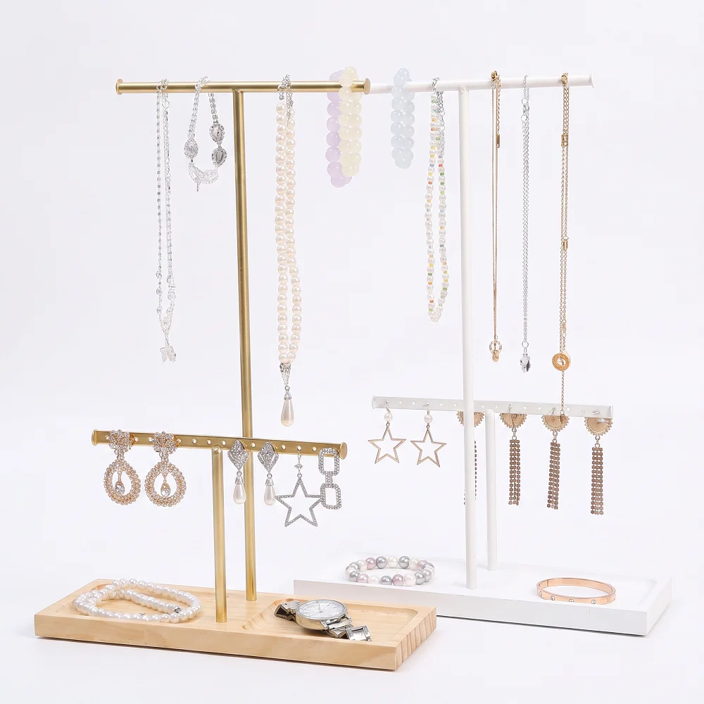 4-in-1 Jewelry Organizer Stand Gold Metal T-Bar Necklace Earring Holder with Wood Base Tray for Vanity
4-in-1 Jewelry Organizer Stand Gold Metal T-Bar Necklace Earring Holder with Wood Base Tray for Vanity