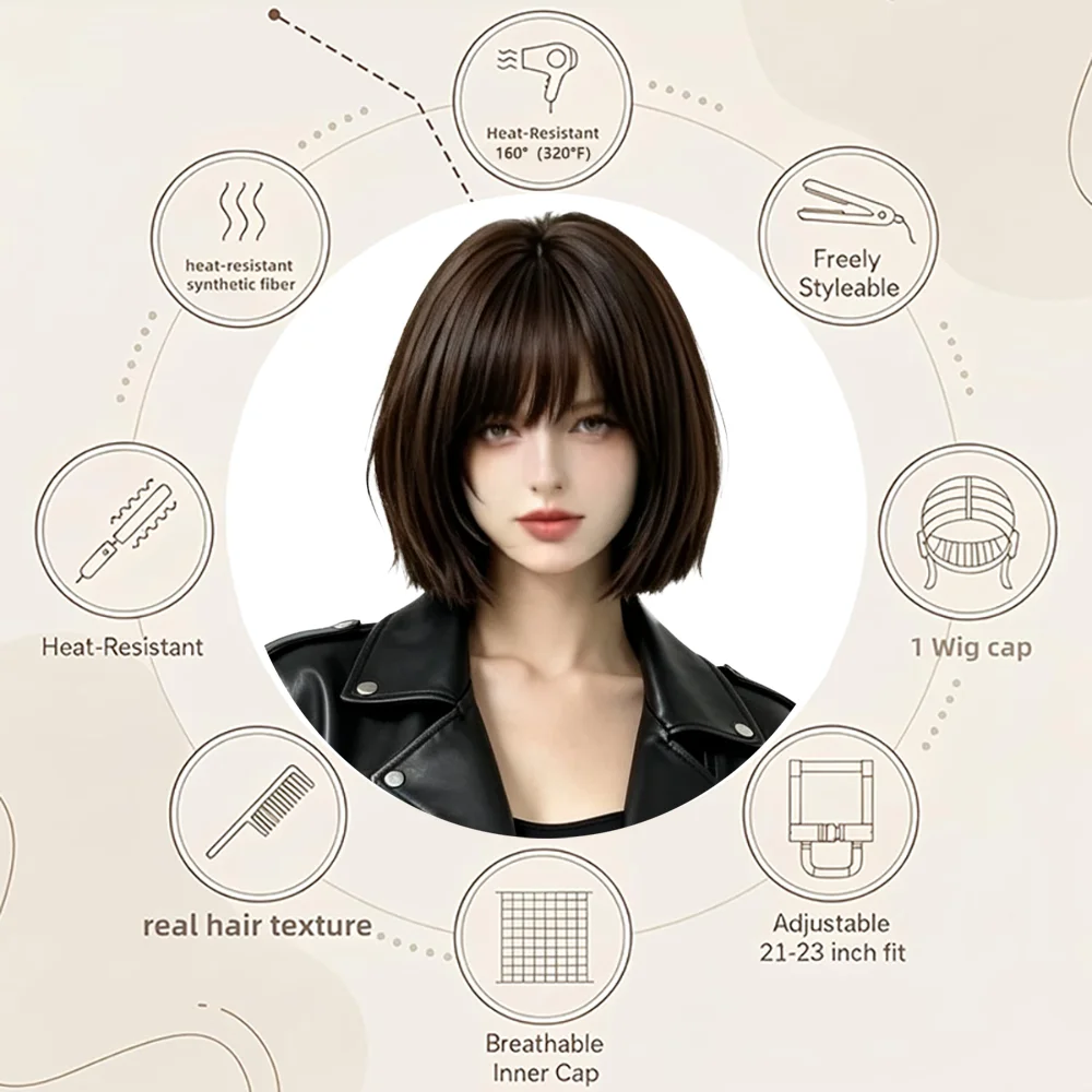 30cm Cool Brown Bob Wig With Bangs For Women Daily Use Cosplay Party Halloween Heat Resistant Synthetic Wig
30cm Cool Brown Bob Wig With Bangs For Women Daily Use Cosplay Party Halloween Heat Resistant Synthetic Wig