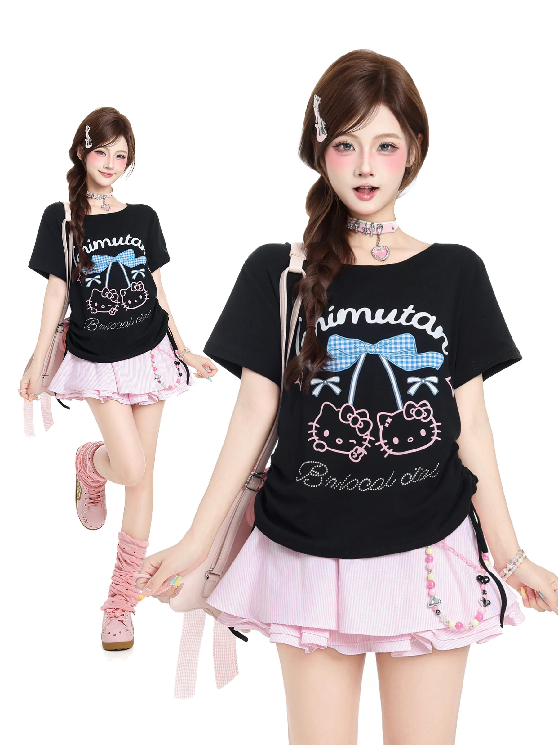 HTYM Sweet Cool Knot Embroidered Rhinestone Short Sleeve T-Shirt Women Summer Slimming Drawstring Short Length Top
HTYM Sweet Cool Knot Embroidered Rhinestone Short Sleeve T-Shirt Women Summer Slimming Drawstring Short Length Top