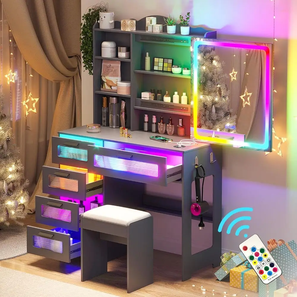 Зеркало с LED-подсветкой и зарядной станцией, компактный туалетный столик с RGB-подсветкой, набор для макияжа с креслом и органайзером для девочек
Зеркало с LED-подсветкой и зарядной станцией, компактный туалетный столик с RGB-подсветкой, набор для макияжа с креслом и органайзером для девочек