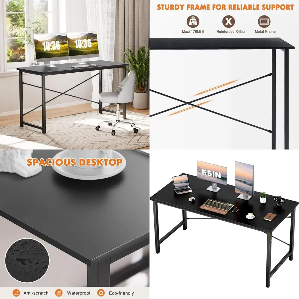 Computer Office Desk 55 Inch Student Kids Study Writing Work with Metal Frame Wood Tabletop Modern Simple PC Home Bedroom Table