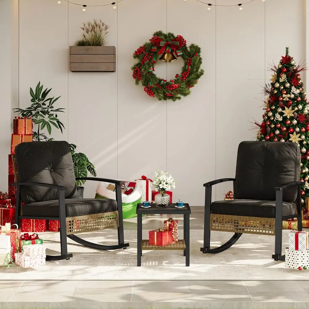 3-Piece Outdoor Rocking Bistro Set, Patio Furniture Set with Coffee Table and Thick Cushions, Wicker Rocking Chairs Set for 2 or
3-Piece Outdoor Rocking Bistro Set, Patio Furniture Set with Coffee Table and Thick Cushions, Wicker Rocking Chairs Set for 2 or