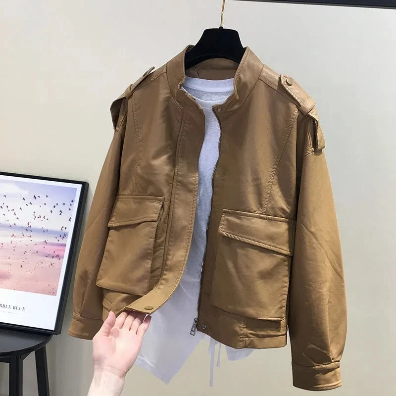 Slimming Effectiveness Women's PU Leather Jacket Oversized Stand Collar Washed Workwear Style Pilot Coat Spring Fashion
Slimming Effectiveness Women's PU Leather Jacket Oversized Stand Collar Washed Workwear Style Pilot Coat Spring Fashion