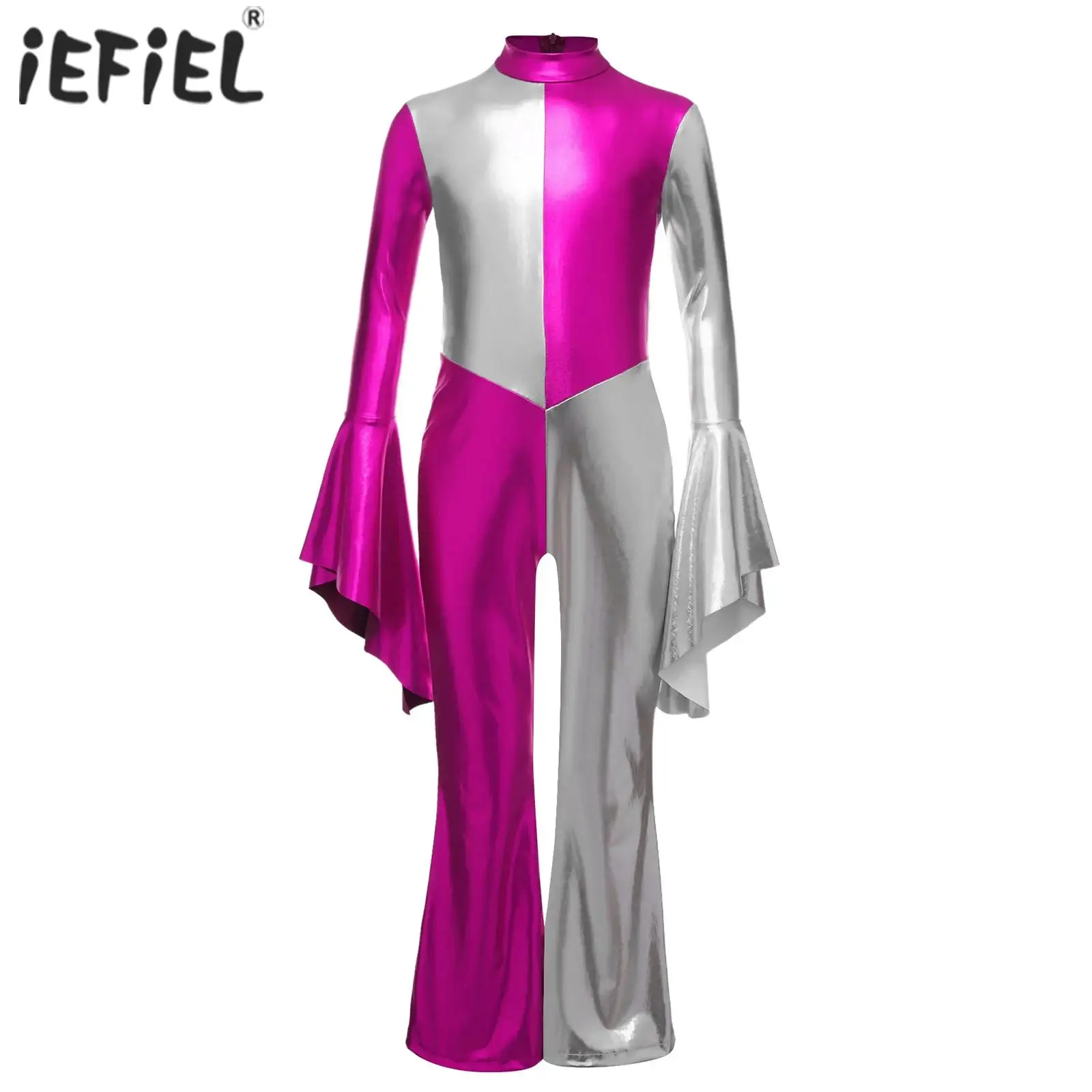 Kids Girls Disco Dance Costume Glossy Metallic Bodysuit Flare Sleeve Long Pants Jumpsuit for Stage Performance Carnival Dress Up
Kids Girls Disco Dance Costume Glossy Metallic Bodysuit Flare Sleeve Long Pants Jumpsuit for Stage Performance Carnival Dress Up