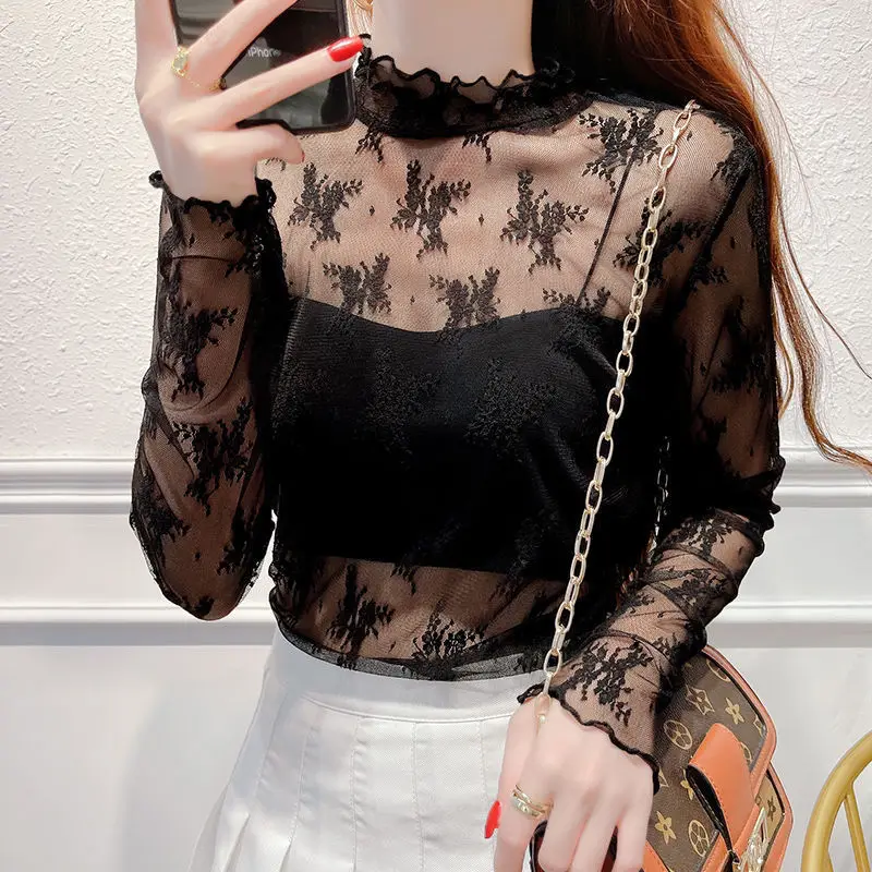 Retro Lace Flower Jacquard Women's Mesh Top Middle Collar Irregular Edge Thin Slim Hollow Long Sleeve T-shirt Wholesale
Retro Lace Flower Jacquard Women's Mesh Top Middle Collar Irregular Edge Thin Slim Hollow Long Sleeve T-shirt Wholesale
