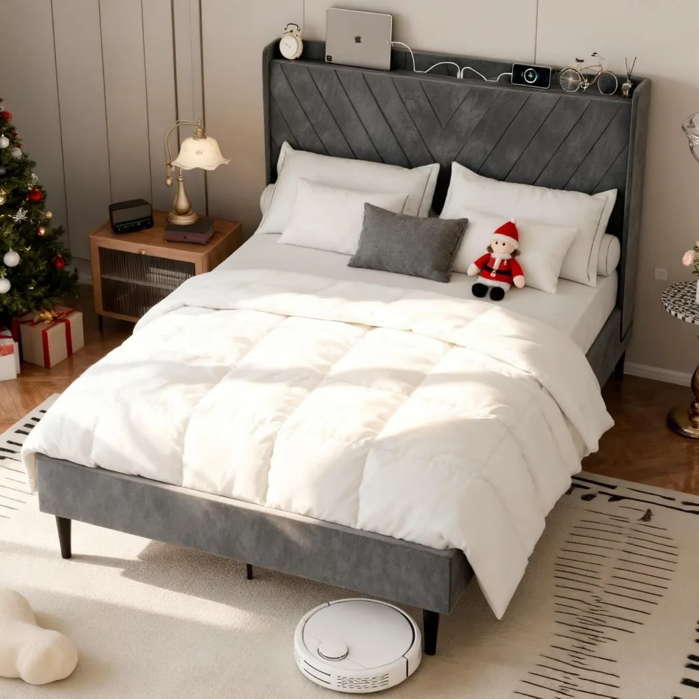 Full Bed Frame with Charging Station, Bed Frames with Storage Wingback Headboard, Velvet Fabric & Strong Wood Slats, No B
Full Bed Frame with Charging Station, Bed Frames with Storage Wingback Headboard, Velvet Fabric & Strong Wood Slats, No B