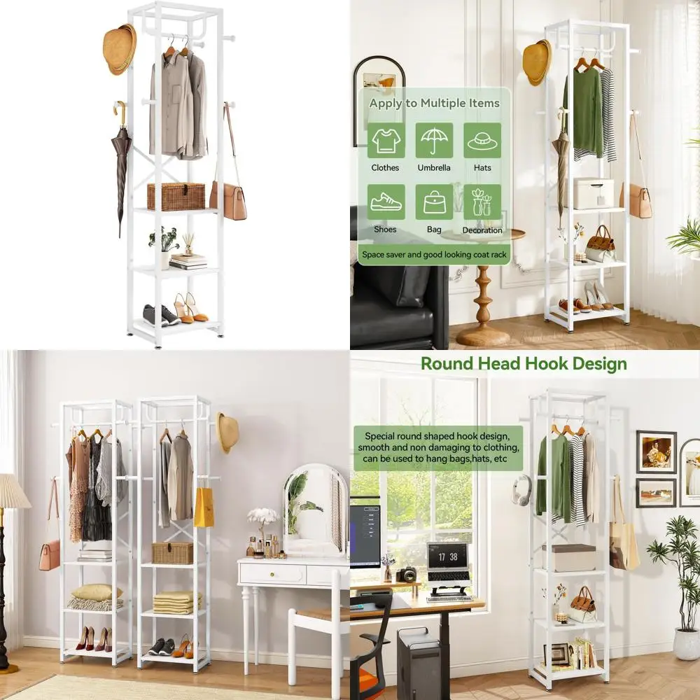 Freestanding Hall Tree with 3 Shelves and 8 Hooks, Rustic Entryway Coat Rack for Hallway or Bedroom, White
Freestanding Hall Tree with 3 Shelves and 8 Hooks, Rustic Entryway Coat Rack for Hallway or Bedroom, White