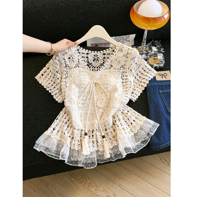 Korean Fashion Hook Flower Hollow Tops Patchwork Knitted Chiffon Shirt V Neck Summer Women Blouse
Korean Fashion Hook Flower Hollow Tops Patchwork Knitted Chiffon Shirt V Neck Summer Women Blouse