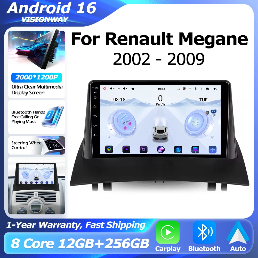 Android 16 Wireless CarPlay For Renault Megane 2 2002-2009 GPS Navigation Multimedia Player Auto WIFI 4G QLED 2000*1200P RDS DSP