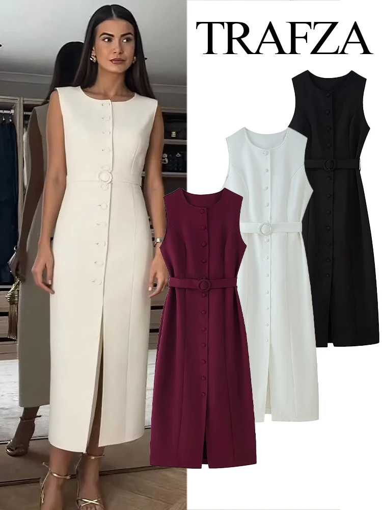TRAFZA Women Summer Fashion Crew Neck Single Breasted Belt Decorated Dress Female Elegant High Waist Slim Sleeveless Long Dress
TRAFZA Women Summer Fashion Crew Neck Single Breasted Belt Decorated Dress Female Elegant High Waist Slim Sleeveless Long Dress