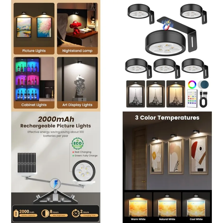 Picture Lights for Wall, Wireless 2000mAh Rechargeable Magnetic LED Puck Lights with Remote, 3 Color Temps and 12 RGB, Dimming
Picture Lights for Wall, Wireless 2000mAh Rechargeable Magnetic LED Puck Lights with Remote, 3 Color Temps and 12 RGB, Dimming