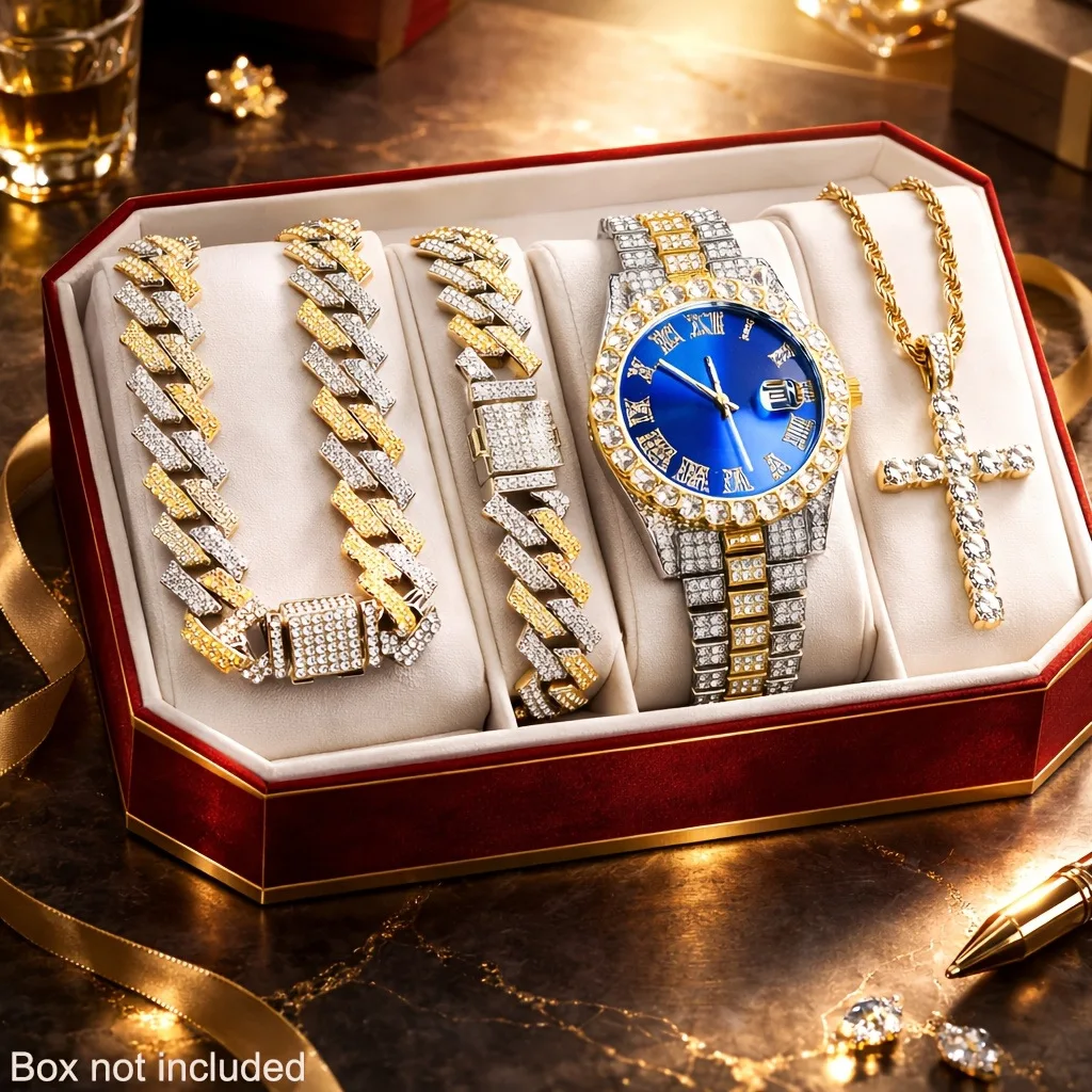 5Pcs Two-tone Iced Out Men's Watch & Jewelry Set, Blue Dial Watch + Cuban Chain + Bracelets + Cross Necklace, Hip Hop Style
5Pcs Two-tone Iced Out Men's Watch & Jewelry Set, Blue Dial Watch + Cuban Chain + Bracelets + Cross Necklace, Hip Hop Style