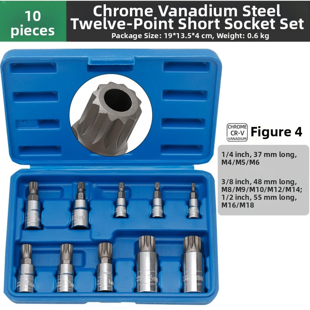 10-Piece Star Socket Set for CR-V Built from Chrome Vanadium Steel with Three Drive Options for Mechanical Applications
10-Piece Star Socket Set for CR-V Built from Chrome Vanadium Steel with Three Drive Options for Mechanical Applications