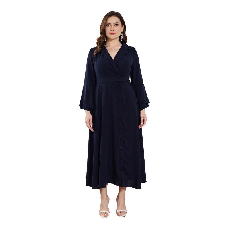 Elegant V-neck Large-size Long Dress Navy Blue With Long Sleeves
Elegant V-neck Large-size Long Dress Navy Blue With Long Sleeves