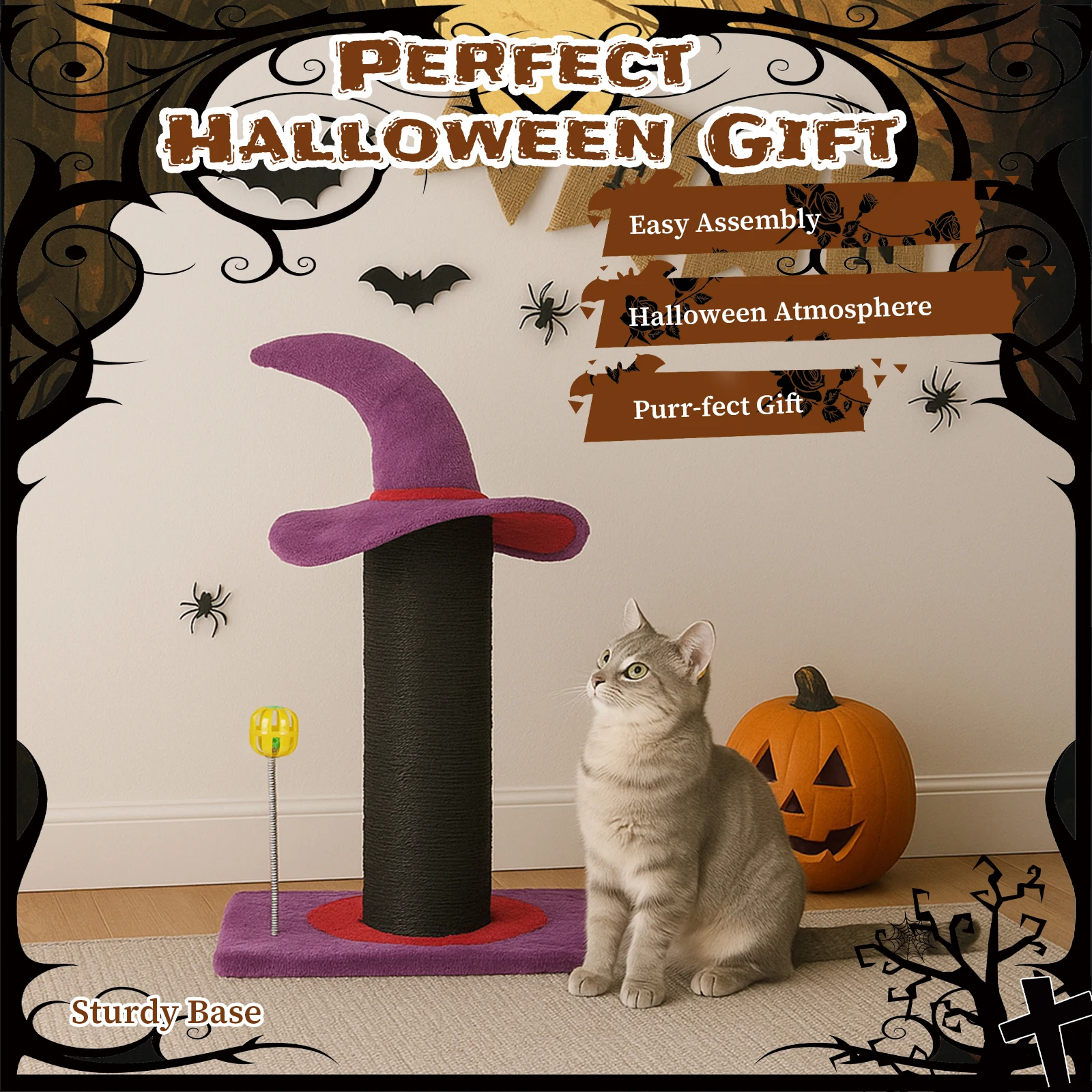 Wizard Hat Cat Scratching Post with Spring Ball Toy for Indoor Cats, Halloween Spooky Cat Scratcher, Purple
Wizard Hat Cat Scratching Post with Spring Ball Toy for Indoor Cats, Halloween Spooky Cat Scratcher, Purple