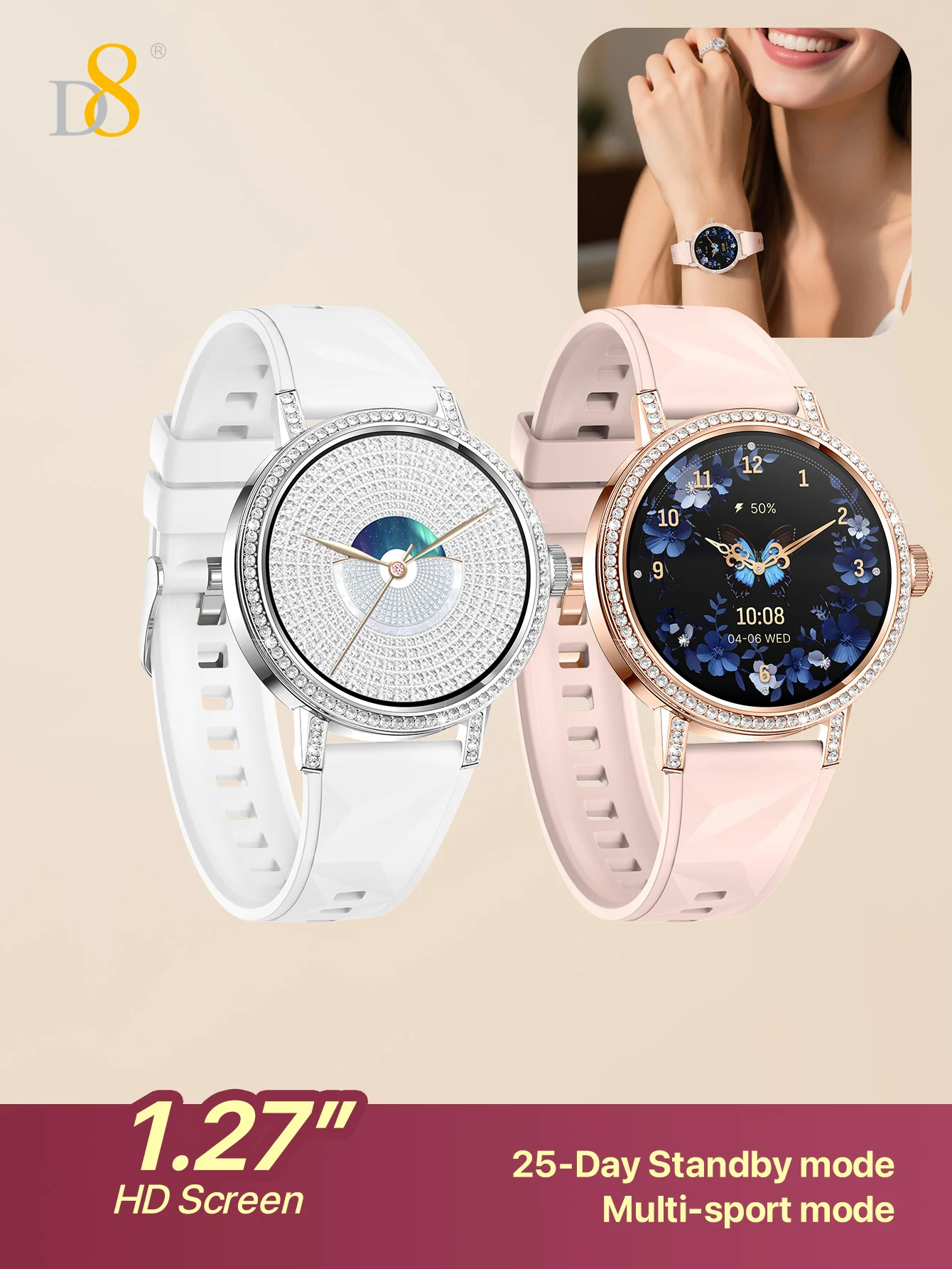Смарт-часы D8 для женщин, стильные женские умные часы с полным сенсорным экраном HD 1,27 дюйма (прозрачный солнечный свет). Поддержка Bluetooth Calli
Смарт-часы D8 для женщин, стильные женские умные часы с полным сенсорным экраном HD 1,27 дюйма (прозрачный солнечный свет). Поддержка Bluetooth Calli