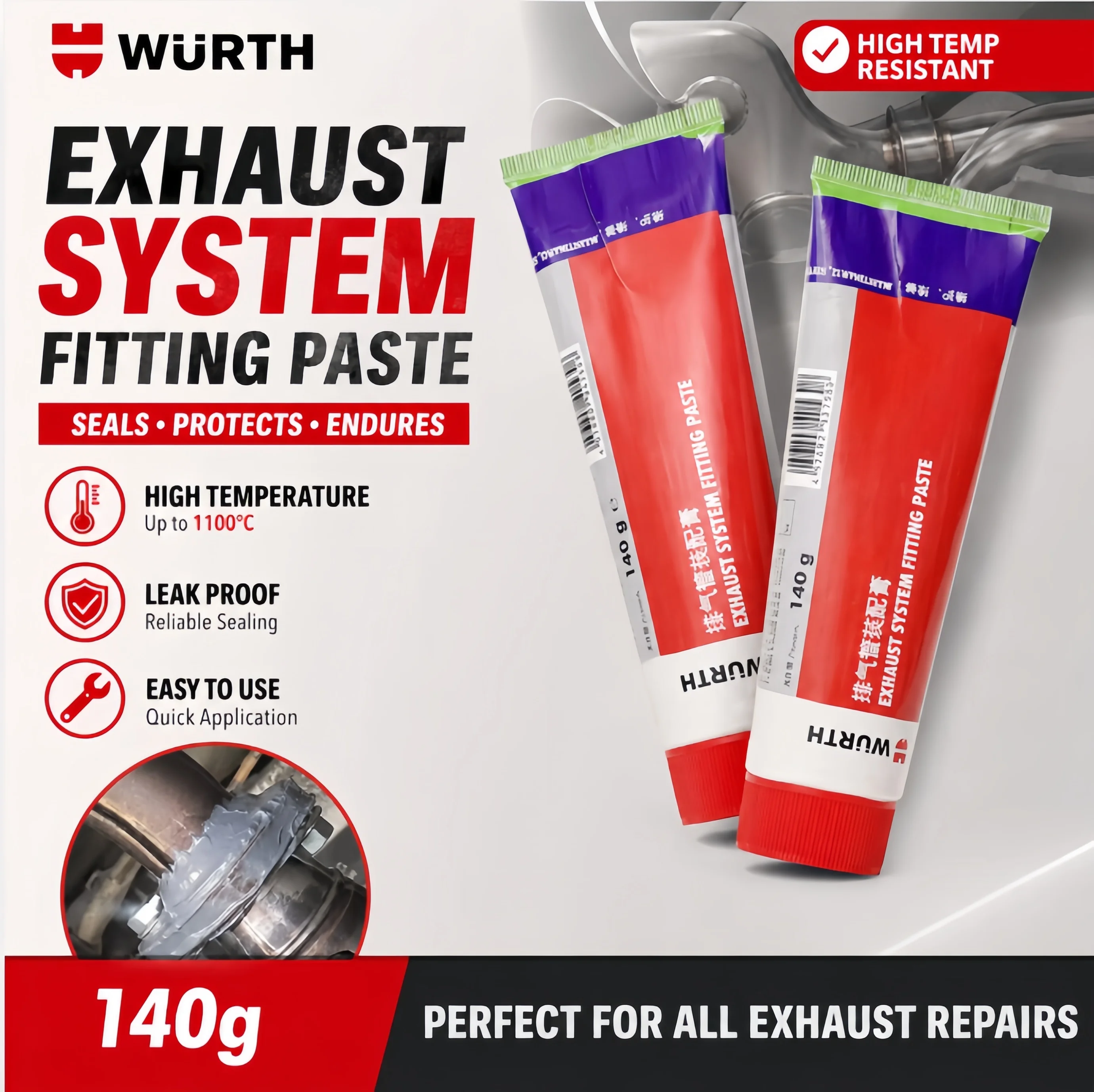 Original Wurth Exhaust Assembly Paste 140g High Temp Muffler Exhaust Repair Sealant Pipe Leak Repair Cement
Original Wurth Exhaust Assembly Paste 140g High Temp Muffler Exhaust Repair Sealant Pipe Leak Repair Cement