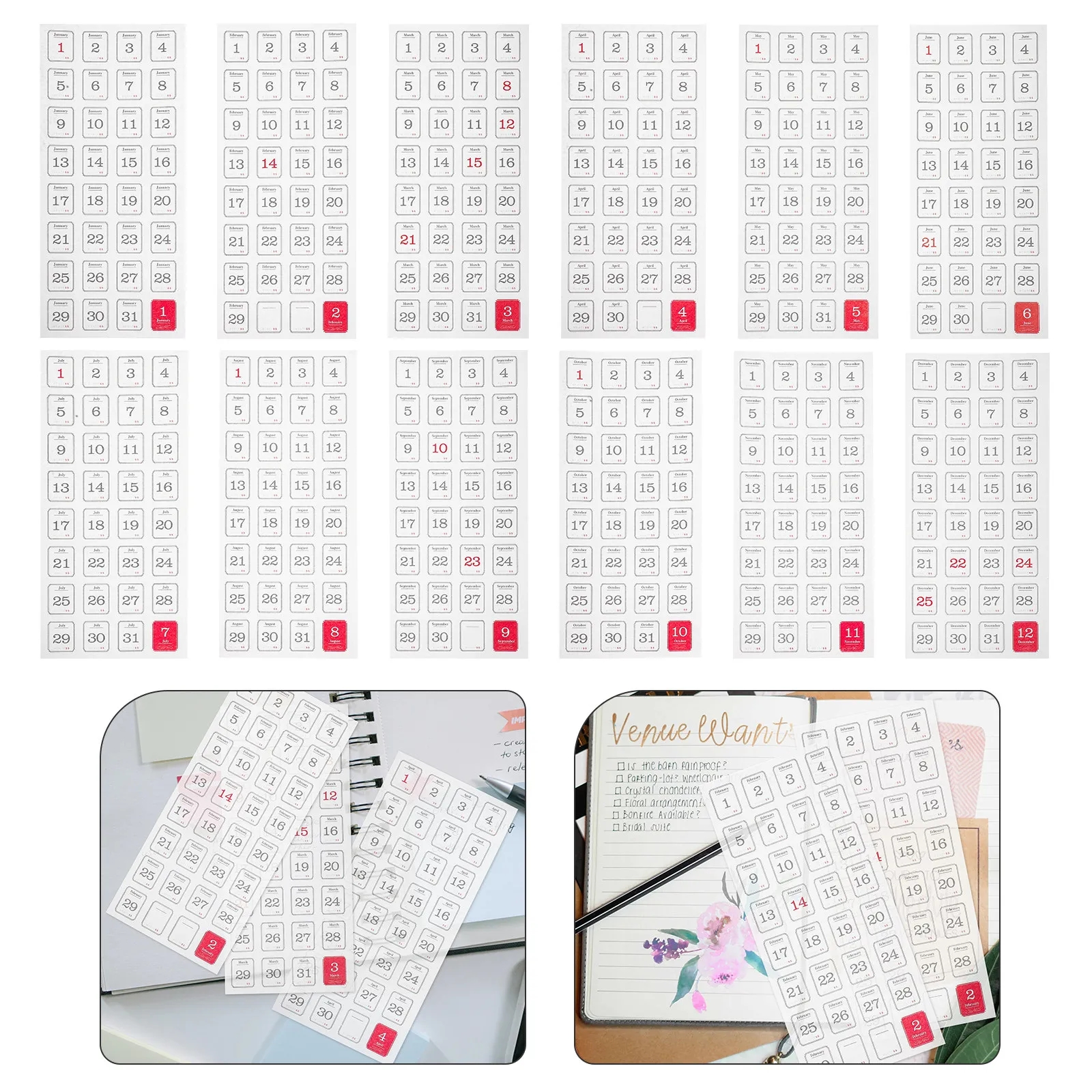 12 Sheets Year Plan Stickers Paper Adhesive Calendar Multi-Function Monthly Planner Tabs Date Reminder Stickers for Office
12 Sheets Year Plan Stickers Paper Adhesive Calendar Multi-Function Monthly Planner Tabs Date Reminder Stickers for Office