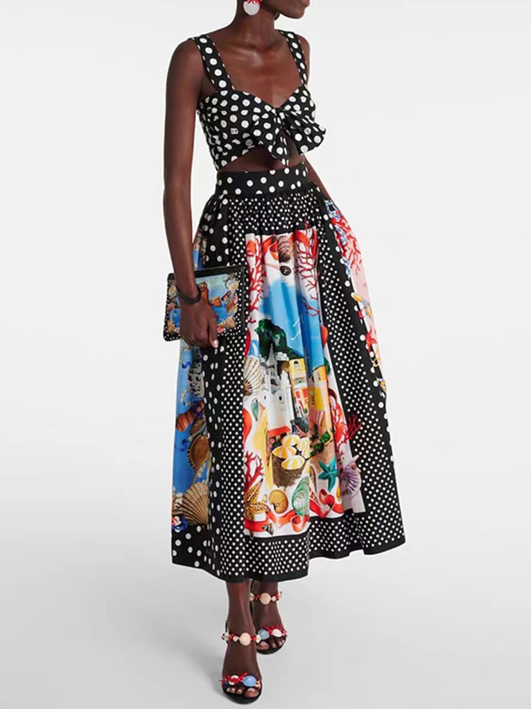 Vintage polka dot bow top chest halter two-piece set 2024 summer ladies new + high waist geometric print loose skirt fashion set
Vintage polka dot bow top chest halter two-piece set 2024 summer ladies new + high waist geometric print loose skirt fashion set