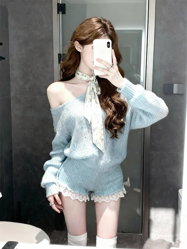 Blue Knitted Sweater Set Casual High Waist ort Pants Two-Piece Suite Long Sve Lace Detail Ele Sle for Women
Blue Knitted Sweater Set Casual High Waist ort Pants Two-Piece Suite Long Sve Lace Detail Ele Sle for Women