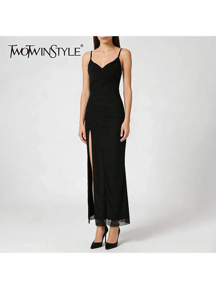TWOTWINSTYLE Slimming Spliced Folds Sexy Long Dresses for Women V Neck Sleeveless High Waist Split Minimalist Dress Female New
TWOTWINSTYLE Slimming Spliced Folds Sexy Long Dresses for Women V Neck Sleeveless High Waist Split Minimalist Dress Female New