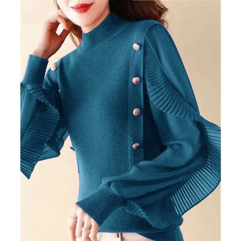Women Sweater Spring Autumn Korean Fashion Style Long Sleeve Ruffles Sleeve Knit Elegant Pullover Solid High Neck Vintage Tops
Women Sweater Spring Autumn Korean Fashion Style Long Sleeve Ruffles Sleeve Knit Elegant Pullover Solid High Neck Vintage Tops