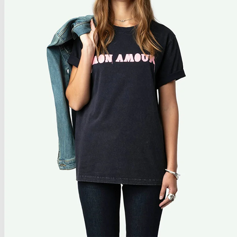 Summer French niche ZV letter sticker embroidery washed water stir fried color distressed cotton women's short sleeved T-shirt
Summer French niche ZV letter sticker embroidery washed water stir fried color distressed cotton women's short sleeved T-shirt