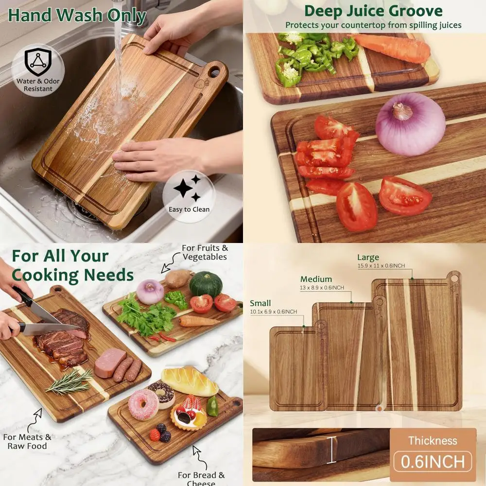 Набор разделочных досок из 3 предметов из дерева акации с глубокими канавками для сока и встроенными ручками для измельчения на кухне, древесины и сыра
Набор разделочных досок из 3 предметов из дерева акации с глубокими канавками для сока и встроенными ручками для измельчения на кухне, древесины и сыра
