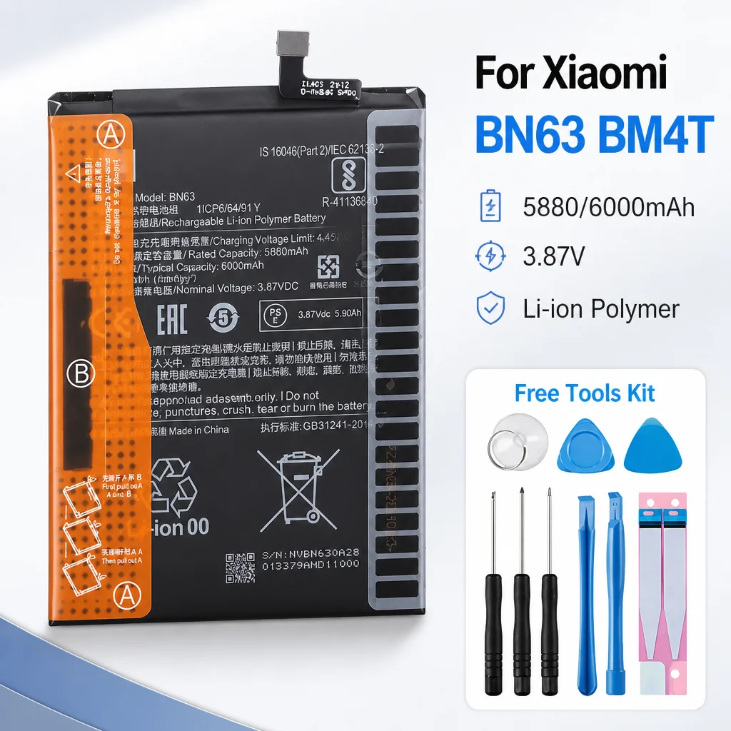 Premium Replacement Phone Battery BN63 BM4T For Xiaomi Redmi 10, 10 Prime, Redmi 10X Pro 5G Repair Cell With Tool Kit Set
Premium Replacement Phone Battery BN63 BM4T For Xiaomi Redmi 10, 10 Prime, Redmi 10X Pro 5G Repair Cell With Tool Kit Set