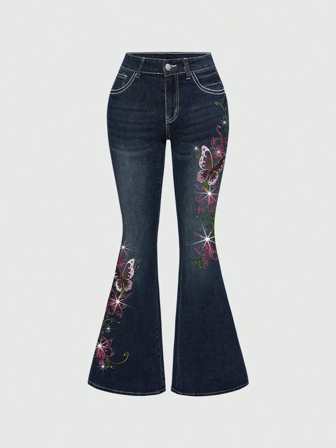 Женские джинсы-клеш с высокой талией, вышивкой в виде бабочек и стразами
Женские джинсы-клеш с высокой талией, вышивкой в виде бабочек и стразами