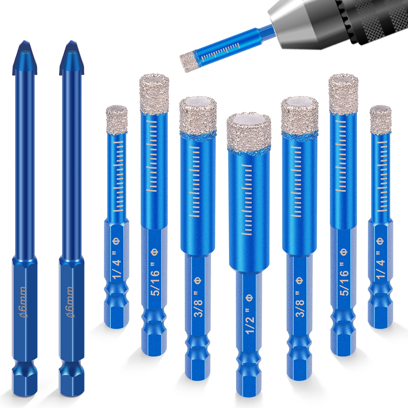 9Pc Dry Diamond Drill Bit Set Dry Drilling Bit 1/4" 5/16" 3/8" 1/2" Hex Shank Vacuum Brazed Tile Drill Bit for Marble Tile Brick
9Pc Dry Diamond Drill Bit Set Dry Drilling Bit 1/4" 5/16" 3/8" 1/2" Hex Shank Vacuum Brazed Tile Drill Bit for Marble Tile Brick