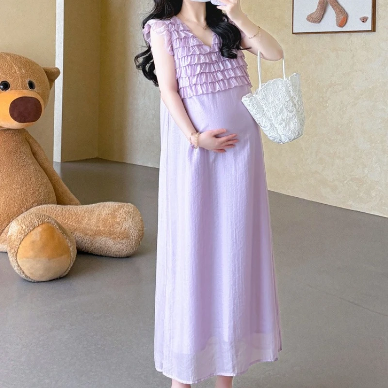 Maternity Dress Summer French Style Vacation Sleeveless Purple V Neck Ruffle Maxi Dress for Pregnant Women 2026 Casual
Maternity Dress Summer French Style Vacation Sleeveless Purple V Neck Ruffle Maxi Dress for Pregnant Women 2026 Casual