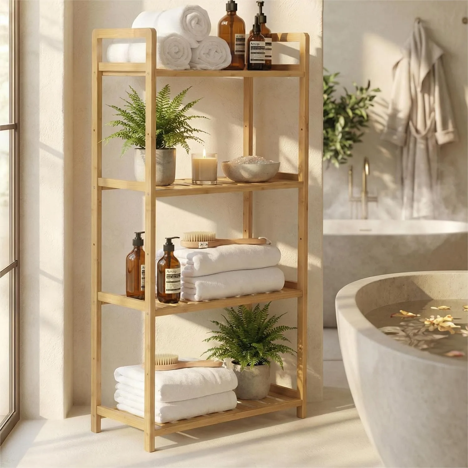 Bamboo Bathroom Shelf Organizer, 4 Tier Wooden Rack with Adjustable Shelves, Free Standing Plant Shelf for Living Room
Bamboo Bathroom Shelf Organizer, 4 Tier Wooden Rack with Adjustable Shelves, Free Standing Plant Shelf for Living Room