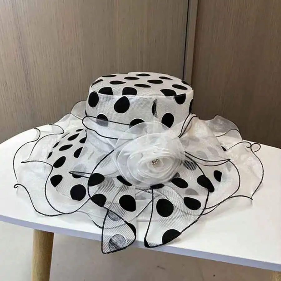 Women Organza Church Hat With Polka Dots And Large Flower Decor
Women Organza Church Hat With Polka Dots And Large Flower Decor