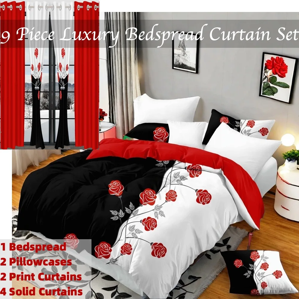 Black White Red Floral 9Pcs Bedding Set Super Fiber Bedspread Printed Solid Curtains Pillowcase Home Bedroom Decor Kit
Black White Red Floral 9Pcs Bedding Set Super Fiber Bedspread Printed Solid Curtains Pillowcase Home Bedroom Decor Kit