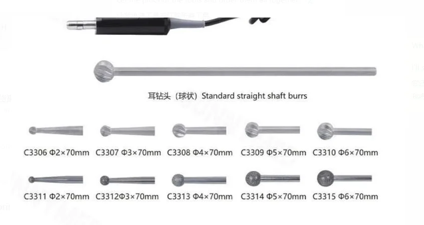 Triticeous head Middle ear scissors Standard straight shaft burrs130mm Mastoid retractors Micro knife Middle ear forceps
Triticeous head Middle ear scissors Standard straight shaft burrs130mm Mastoid retractors Micro knife Middle ear forceps