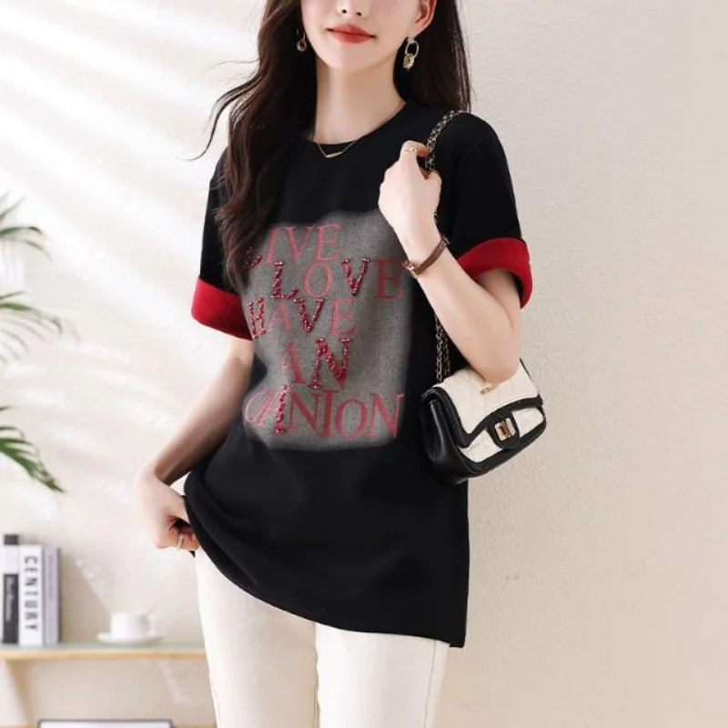 Women Casual Loose Fit Letter Print T Shirt with Rhinestone Embellishment Short Sleeve O Neck Summer Top
Women Casual Loose Fit Letter Print T Shirt with Rhinestone Embellishment Short Sleeve O Neck Summer Top