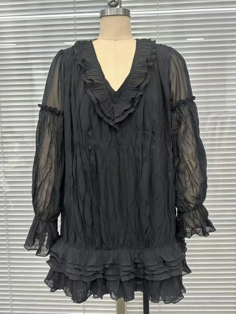 Elegant Black Mini Dress for Women V Neck Ruffle Splice Mesh Sheer Long Sleeve Chiffon Dress Loose Flowy Summer Casual Dresses
Elegant Black Mini Dress for Women V Neck Ruffle Splice Mesh Sheer Long Sleeve Chiffon Dress Loose Flowy Summer Casual Dresses